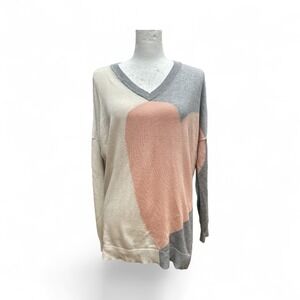 Laurie Felt Colorblock V Neck Sweater Women's Medium Beige Gray Pink Casual